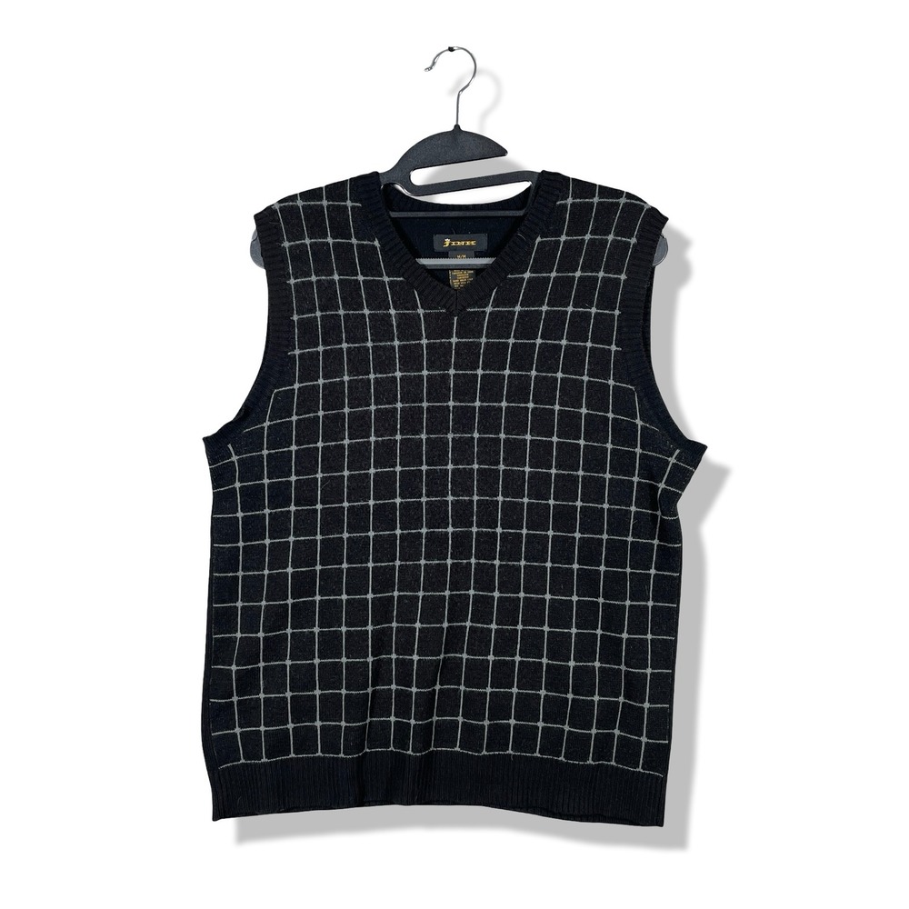Fink V-Neck Sweater Vest Mens Size M Black Grid Pattern Dark Academia Preppy